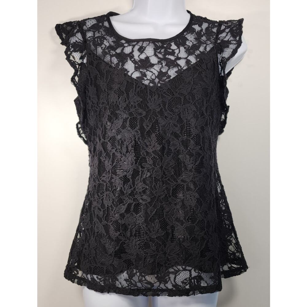 NWT WHBM Lace Blouse Black Size 2 Sheer Feminine Romantic Top